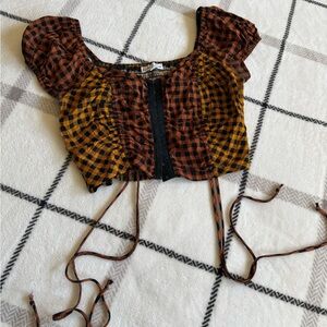 Checkered Cinch-Front Crop Top in Rust & Mustard